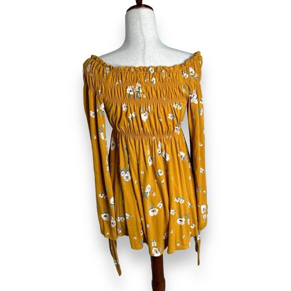 Free People Yellow Floral Long Sleeve Top Medium Marigold Off the Shoulder Tunic - Picture 5 of 8